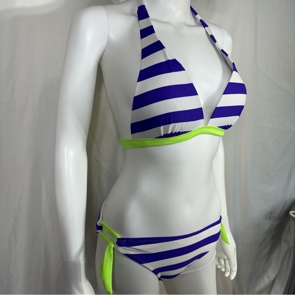 Women’s Blue White Green Striped Push-Up Padded Bikini - Picture 2 of 8